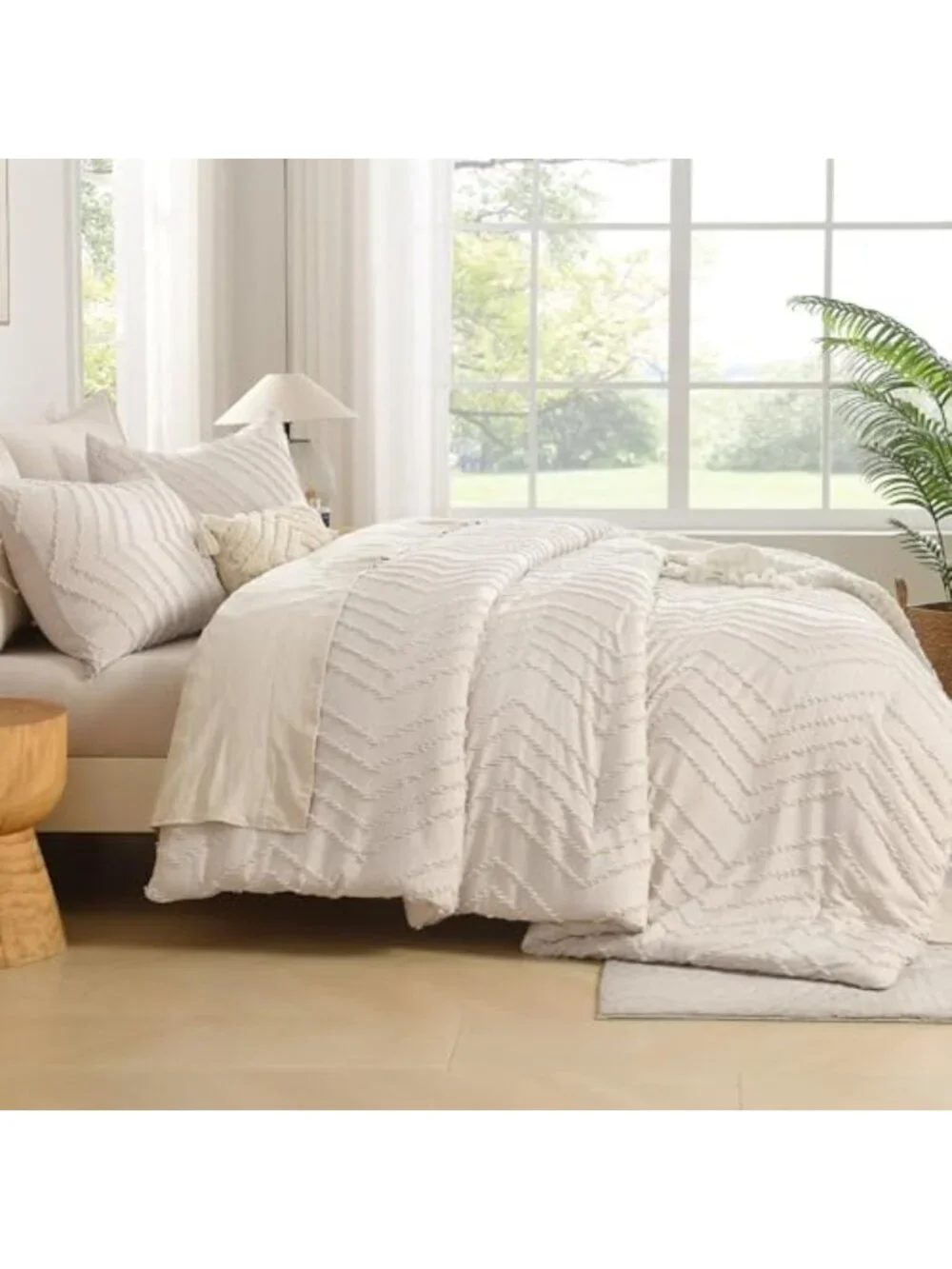 Boho King Size Comforter Set - 3 Piece Soft Cream Bedding, Cozy Beige Decor